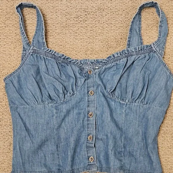 Tank Top New Mix Women's Denim Look sleeveless corset-style crop top size L - Picture 2 of 7